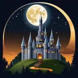 Castle glowing under the full moon clipart.  vector style illustration, white background