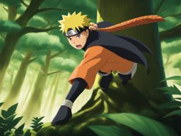 naruto uzumaki engages in a fierce ninja battle amidst towering trees in the hidden leaf village. 