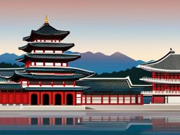 Seoul clipart - Gyeongbokgung Palace and Seoul skyline,  color vector clipart