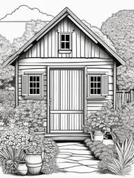 House Coloring Pages - Rustic shed in a garden with tools and plants  simple coloring pages