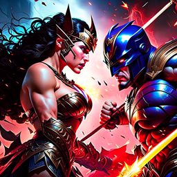 wonder woman vs ares - wonder woman confronts the god of war, ares, on a war-torn battlefield, wielding her lasso of truth and bracers against his godly fury. 