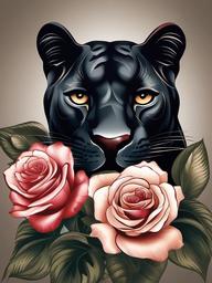 Panther and Rose Tattoo-Elegant and powerful tattoo design featuring a panther and a rose in a harmonious composition.  simple color tattoo,white background