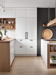 scandinavian-style kitchen with white cabinets and natural wood accents. 