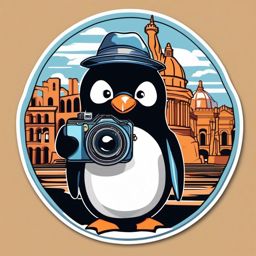 Penguin Tourist Sticker - A penguin tourist with a camera exploring famous landmarks. ,vector color sticker art,minimal