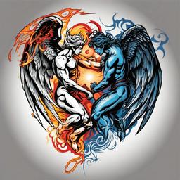 Angel Demon Fighting Tattoo-Expressing the eternal conflict between celestial forces with an angel demon fighting tattoo, symbolizing the balance of opposing energies.  simple vector color tattoo