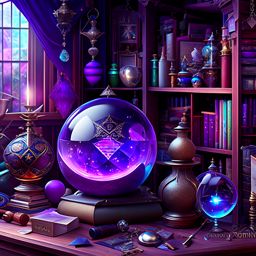 wizard's study filled with mystical tomes and a crystal ball. 