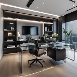 modern office with a sleek glass desk and ergonomic furniture. 