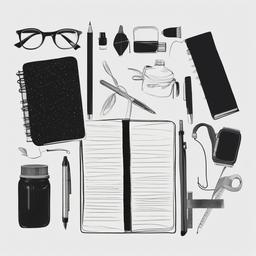 drawing of personal things like a diary and a pen  minimal rough sketch scribbles,doodles,black and white