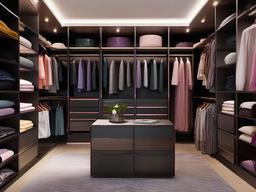 In the walk-in closet, cosmic chic interior design includes modern storage solutions, colorful decor, and ambient lighting that create a stylish and organized dressing space.  