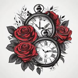 Clock Tattoos with Roses - Tattoos featuring both clocks and roses in the design.  simple color tattoo,minimalist,white background