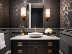 Powder Room Elegance - Elegance to your powder room with unique wallpaper and a stylish vanity. realistic, professional photography, bokeh, natural lighting, canon lens, shot on dslr 64 megapixels sharp focus