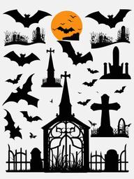 October clipart - spooky graveyard with tombstones and bats  color,minimalist,vector clipart