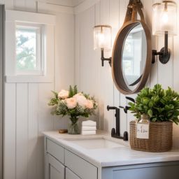 Farmhouse Powder Room - Farmhouse charm to your powder room with shiplap walls and vintage fixtures. realistic, professional photography, bokeh, natural lighting, canon lens, shot on dslr 64 megapixels sharp focus