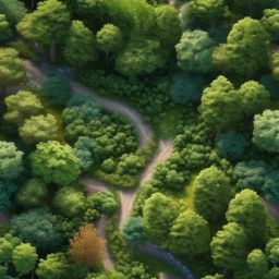 Whimsical fairy tale forest top view, photo realistic background, hyper detail, high resolution