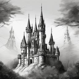 drawing of a gothic castle with gargoyles  minimal rough sketch scribbles,doodles,black and white