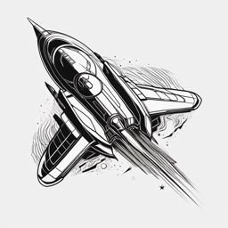 Spaceship Tattoo - A sleek spaceship tattoo embarking on a journey  few color tattoo design, simple line art, design clean white background