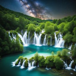 plitvice lakes national park, croatia - illustrate the serene beauty of cascading waterfalls and crystal-clear lakes under a starry croatian night. 