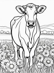 Cow Coloring Pages - Cow standing in a field of daisies  simple coloring pages