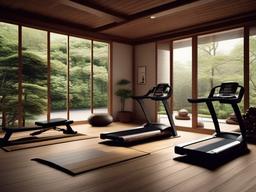 In the gym room, Japanese Zen interior design includes simple equipment, natural materials, and a calming aesthetic that creates a motivational environment for workouts.  