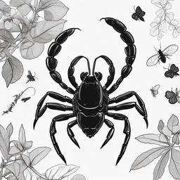 drawing of a scorpion with other insects  minimal rough sketch scribbles,doodles,black and white