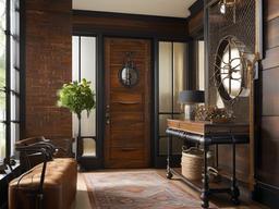 Steampunk entryway features vintage-inspired decor, industrial accents, and unique furniture that create a creative and imaginative entry space.  