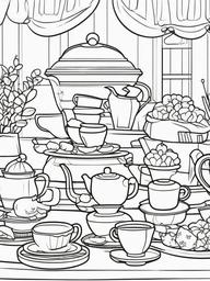 Kawaii Tea Party Coloring Pages - Adorable Characters at a Tea Party  minimal black outline printable sheet, coloring page