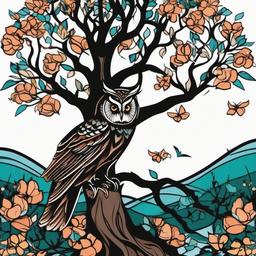 tree with owl tattoo  simple vector color tattoo