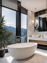 chic bathroom with a freestanding tub and marble accents. 