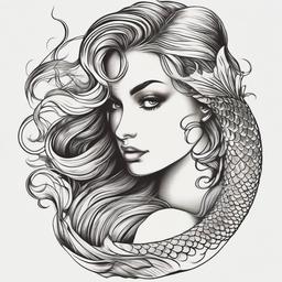 Mermaid Tattoo Realistic - Showcase lifelike details with a realistic and intricately designed mermaid tattoo.  simple vector color tattoo,minimal,white background