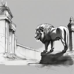 drawing of a lion in abandoned castle  minimal rough sketch scribbles,doodles,black and white