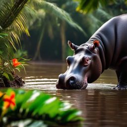 Cute Hippo Cooling Off in a Tropical Watering Hole 8k, cinematic, vivid colors