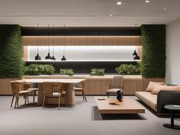 In the office break room, Japandi interior design includes functional furniture, natural materials, and a calming aesthetic that encourages relaxation and socialization among employees.  