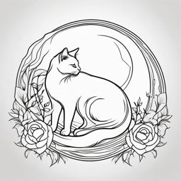 Cat outline tattoo with crescent moon: Nocturnal charm etched in subtle lines.  black white outline tattoo, white background