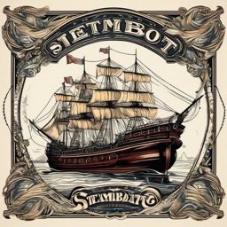 Steamboat on a vintage postcard ink. Nautical history in art.  color tattoo, white background