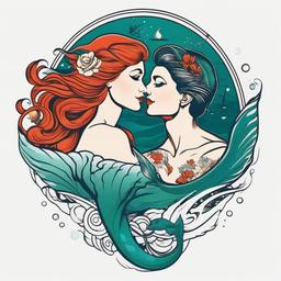 Mermaid and Sailor Tattoo - Symbolize maritime romance with a tattoo featuring a mermaid and a sailor.  simple vector color tattoo,minimal,white background