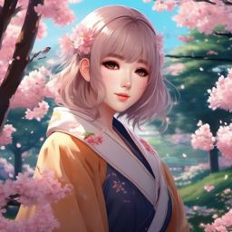 Charming anime girl in a cherry blossom garden.  front facing ,centered portrait shot, cute anime color style, pfp, full face visible