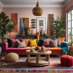 Eclectic Boho Fusion - Blend different cultures and styles into an eclectic boho living room. , living room decor ideas, multicoloured, photo realistic, hyper detail, high resolution,