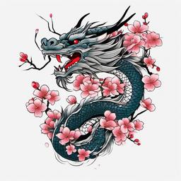 Japanese Dragon with Cherry Blossoms Tattoo - Dragon with cherry blossoms in Japanese tattoo art.  simple color tattoo,white background,minimal