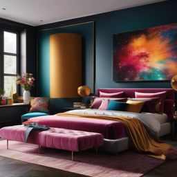 Gourmet Artistic Sleeping Space - Create a gourmet bedroom that's also an artistic space. , bedroom interior decor design ideas, multicoloured, photo realistic, hyper detail, high resolution,