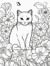 Cat with Flowers Coloring Pages - Sweet Feline Surrounded by Blooms  minimal black outline printable sheet, coloring page