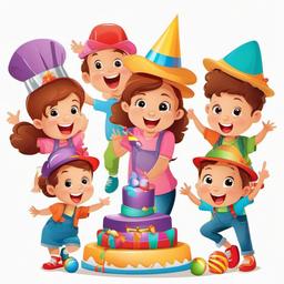 Cartoon party with kids wearing hats clipart.  vector style illustration, white background