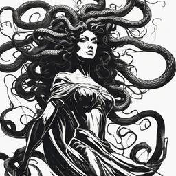 drawing of Medusa as a powerful and terrifying figure  minimal rough sketch scribbles,doodles,black and white