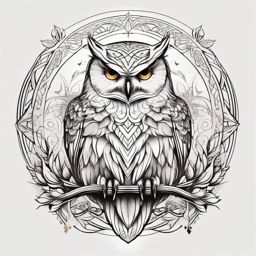 Snowy owl tattoo in a harmonious blend with sacred symbols.  color tattoo style, minimalist design, white background