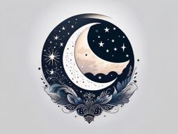 Moon and stars tattoo: Celestial beauty in a night sky, symbolizing dreams and aspirations.  color tattoo style, minimalist, white background