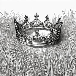 drawing of a crown in the grass  minimal rough sketch scribbles,doodles,black and white