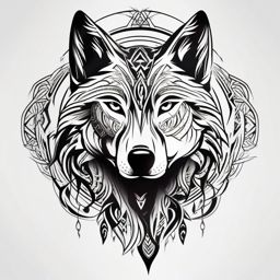 Spirit Tribal Wolf Tattoo,tattoo showcasing a wolf imbued with spiritual tribal elements, symbolizing unity and mysticism. , tattoo design, white clean background