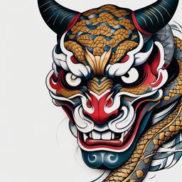 hannya mask with snake tattoo  simple color tattoo,white background,minimal