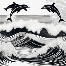 drawing of waves with dolphins jumping  minimal rough sketch scribbles,doodles,black and white