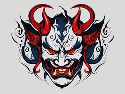 Hannya and Oni Mask - Combines the Hannya mask with the traditional Oni mask in a unique design.  simple color tattoo,white background,minimal
