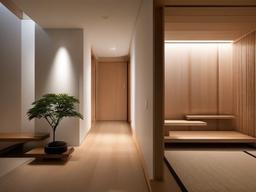 Japanese entryway showcases clean lines, natural materials, and a minimalist approach that promotes a serene and harmonious entry environment.  